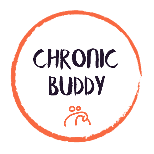 Logo de Chronic Buddy est composé d'un cercle couleur corail à l'intérieur duquel est écrit Chronic Buddy en bleu marine. En dessous du titre se trouve un dessin de deuc compagnons qui se tiennent par l'épaule